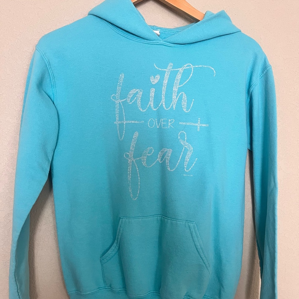 Blue Hoodie with 'Faith Over Fear' Print Youth Size L
